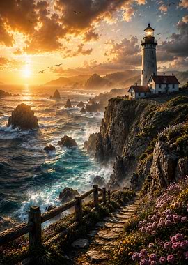 Lighthouse on a cliff at sunset