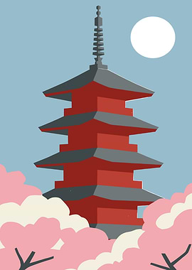 Japanese Pagoda with Cherry Blossoms