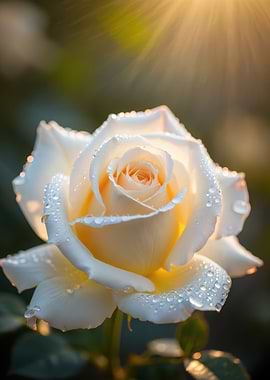Dew-Kissed White Rose in Sunlight