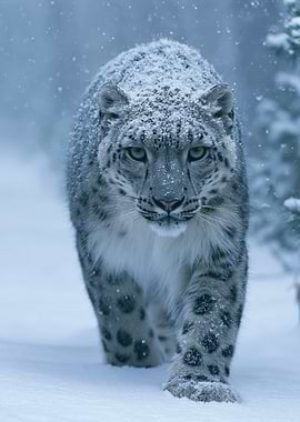 Snow Leopard in Snowy Forest