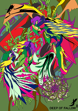 Abstract Digital Art with Birds and Flora