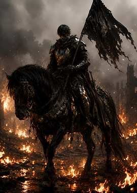 Knight on Horseback in Fiery Landscape
