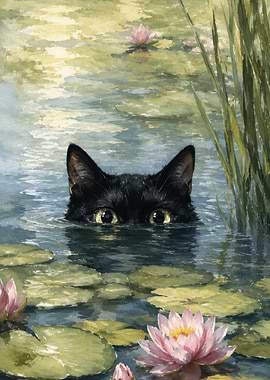 Black Cat Peeking from Water Lilies