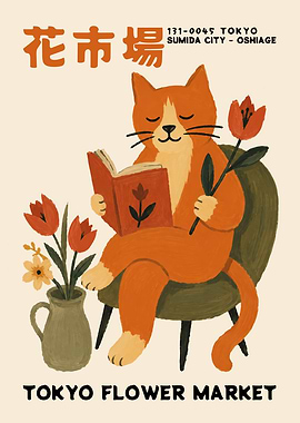 Cat Reading Book with Flowers