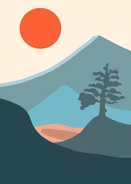 Minimalist Mountain Landscape with Sun and Tree