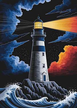 Lighthouse beam cutting through stormy night