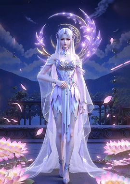 Ethereal Moon Goddess with Lotus Flowers