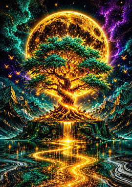 Enchanted Tree of Life Under a Cosmic Moon