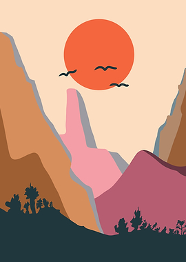 Abstract Mountain Sunset with Birds