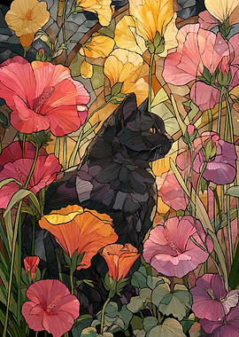Black Cat Among Hibiscus Flowers