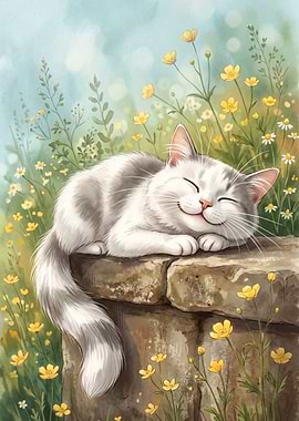 Cute Cat Sleeping in Flowers