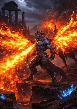 Dragon with Fiery Wings in Volcanic Landscape