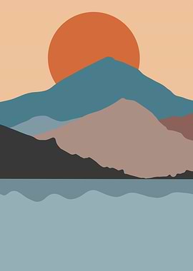 Minimalist Mountain Landscape with Sun and Water
