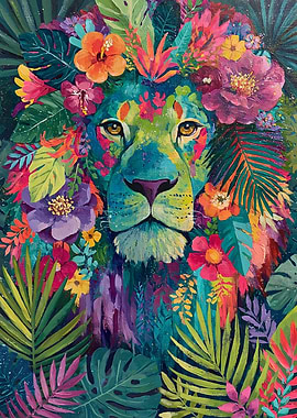 Vibrant Lion Portrait with Tropical Flowers