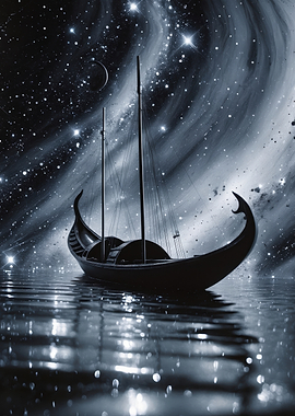 Starlit Voyager — Cosmic Longship on Silent Waters