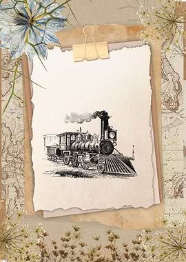 Vintage Train and Botanical Collage