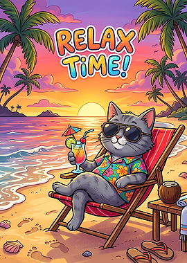 Cute Cat Relaxing on Tropical Beach with Cocktail, Sunglasses and Sunset Vacation Scene