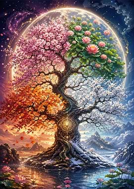 Tree of Seasons with Celestial Background