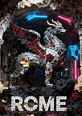 Mosaic Griffin in Roman Cave with Neon Lights
