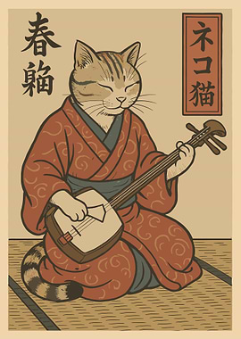 Samurai Cat Music Poster, Japanese Shamisen Cat Art, Traditional Kimono Wall Print