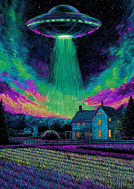 UFO Abducting House in Rural Landscape