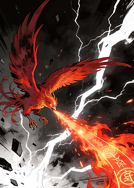 Phoenix breathing fire during a storm