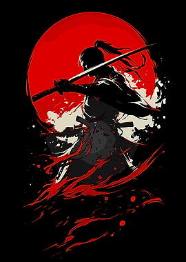 Samurai Warrior in Front of a Red Sun
