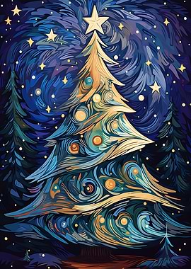 Whimsical Christmas Tree Under Starry Sky
