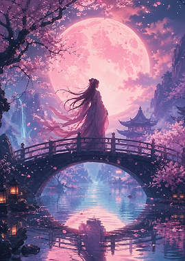 Woman on bridge under pink moon