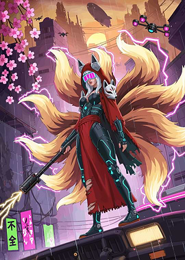 Cyberpunk Kitsune Warrior in Neon City