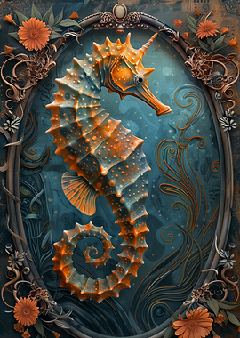 Ornate Seahorse in Floral Frame