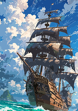 Pirate Ship Sailing Through Stormy Seas