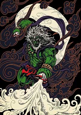 Green Demon Warrior with Moon and Clouds