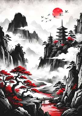 Japanese Mountain Pagoda Landscape