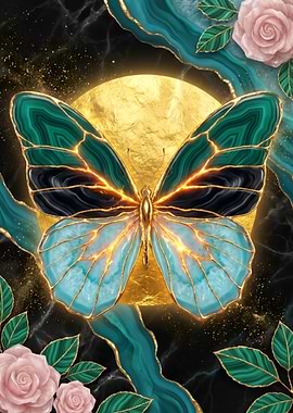 Golden Moon Butterfly with Gemstone Wings Kintsugi Art
