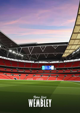 Wembley Stadium with 'Three Lions' text
