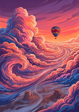 Hot Air Balloon Over Sunset Clouds