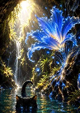 Black Cat in Enchanted Waterfall Cave