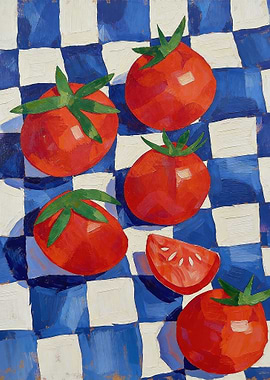 Tomatoes on a Blue and White Checkered Surface