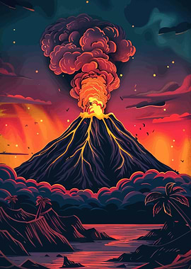 Volcano Eruption Over Tropical Coastline