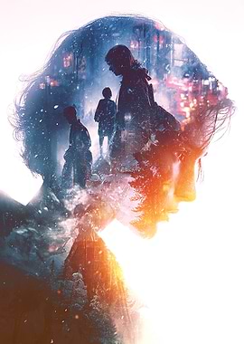 Double Exposure of Woman and Winter Cityscape