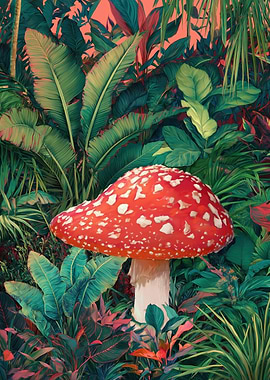 Amanita Muscaria Mushroom in Lush Jungle
