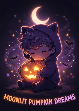 Cute Chibi Boy Cat Hoodie Holding Glowing Pumpkin Night Sky!! Halloween