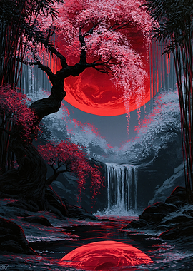Crimson Moon Cherry Blossom Waterfall