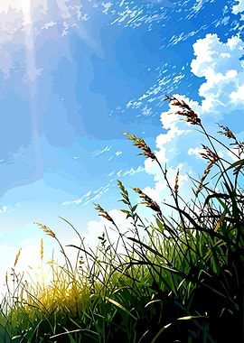 Grassy Field Under a Blue Sky