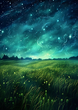Starry Night Over a Grassy Field