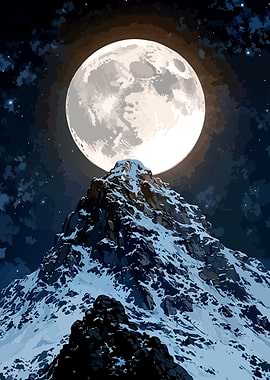 Full Moon Over Snowy Mountain Peak