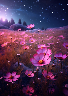 Cosmos Flowers Under Starry Night Sky