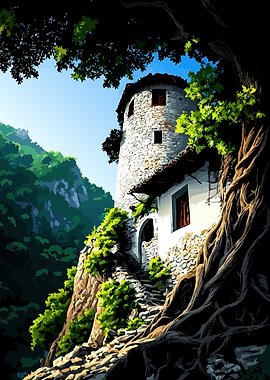 Enchanted Stone Tower in Lush Forest