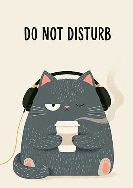 Grumpy Cat with Coffee and Headphones